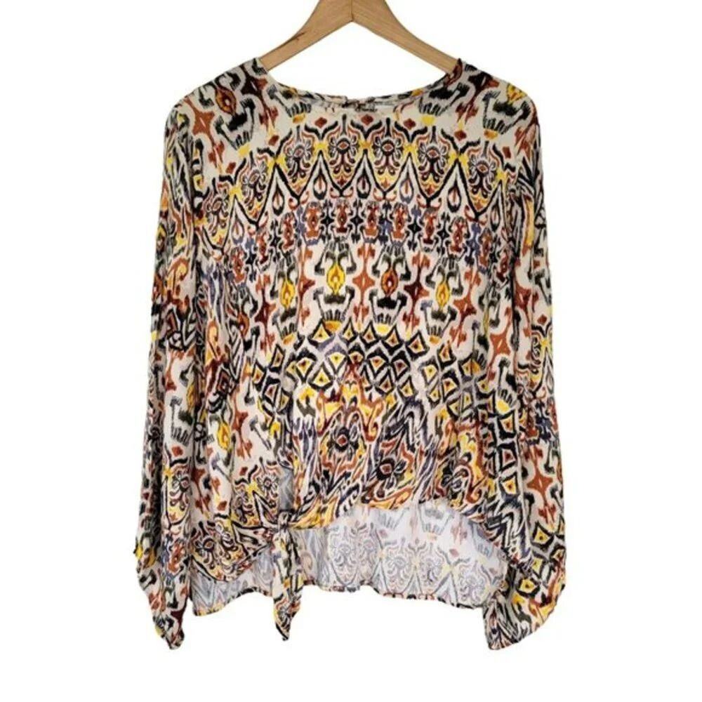 Fourteenth Place Boho Asymmetrical Long Sleeve Top Women Size L Earth Tones